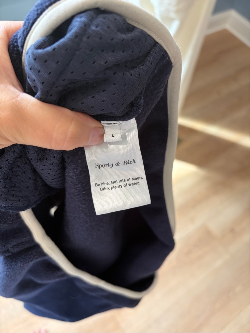 Sporty & Rich Navy Fleece Snap Pullover Jacket Size L Cream Trim - Picture 9 of 9